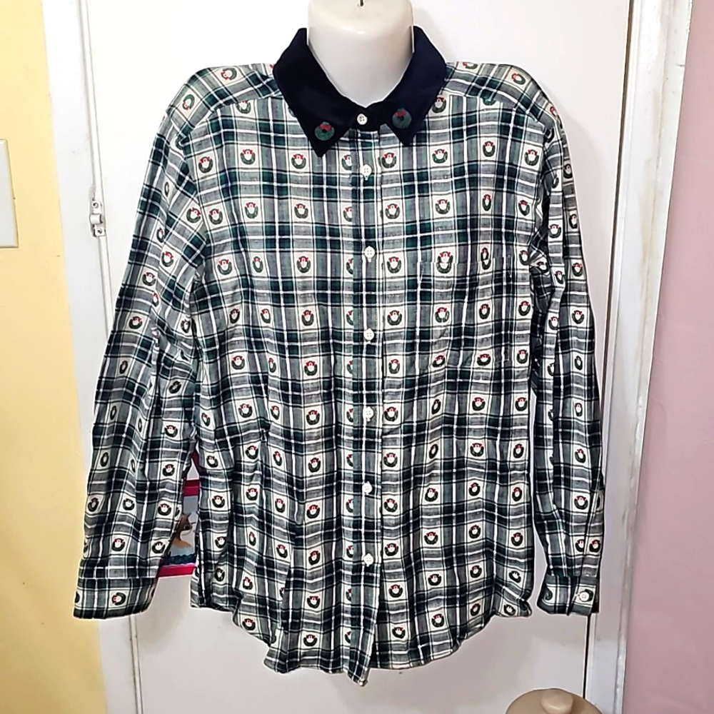 Bobbie Brooks vintage button down all over wreath print design metallic plaid